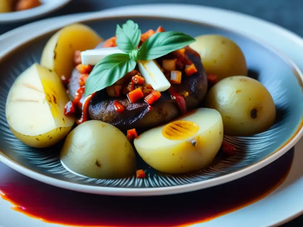 Una exquisita vista detallada de un plato humeante de Papas a la Diabla, resaltando su mezcla de sabores y texturas