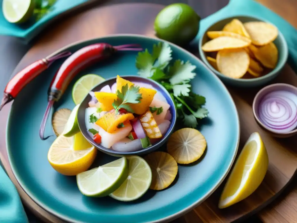 Una exquisitez de ceviche peruano tradicional, con mariscos frescos, cebolla roja, cilantro, ajíes y plátano, en una hermosa vajilla