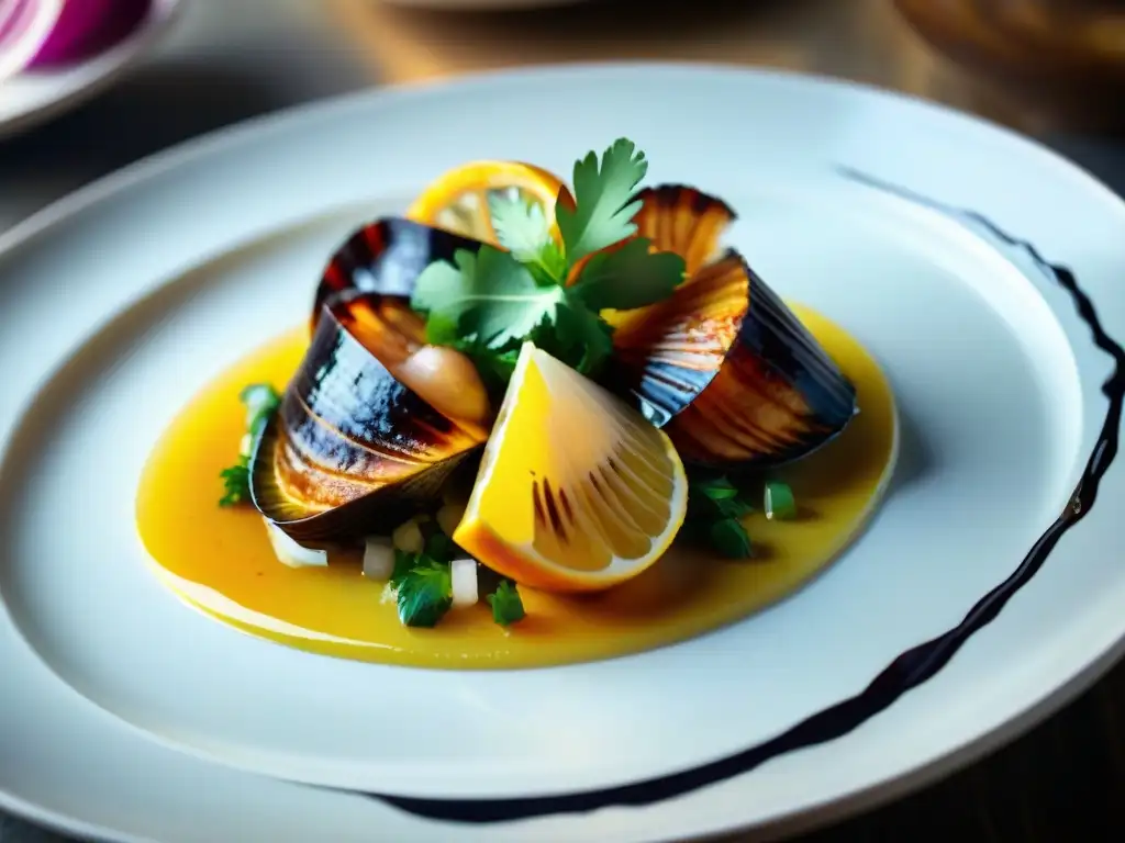 Un exquisito Cebiche de Conchas Negras Afrodisíaco, resplandeciente y fresco, con cilantro y cebolla roja