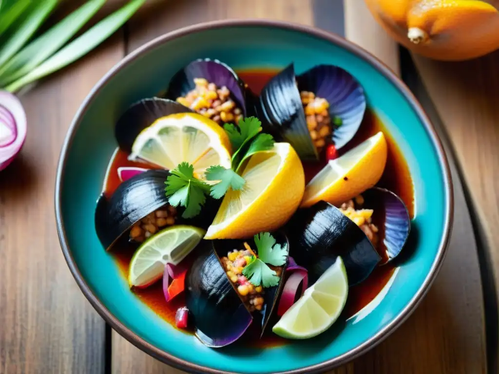 Un exquisito Cebiche de Conchas Negras Afrodisíaco en una presentación elegante sobre una mesa rústica, resaltando sus texturas y colores vibrantes