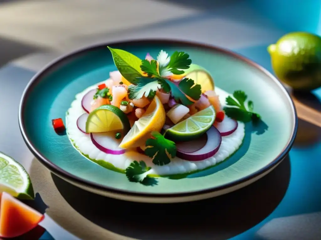 Un exquisito ceviche de alta cocina limeña, en un elegante plato, con limón, cebolla roja y cilantro, en un restaurante moderno y sofisticado