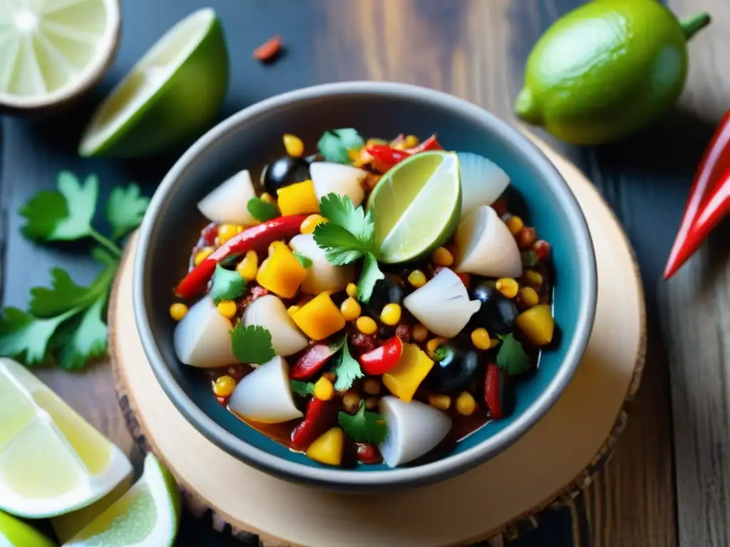 Un exquisito ceviche de conchas negras afrodisíaco, con brillo y colores vibrantes, listo para disfrutar en una mesa rústica