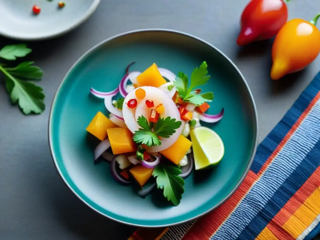 Fotografía de un exquisito ceviche de corvina, con ingredientes frescos y coloridos, servido en una elegante vajilla peruana