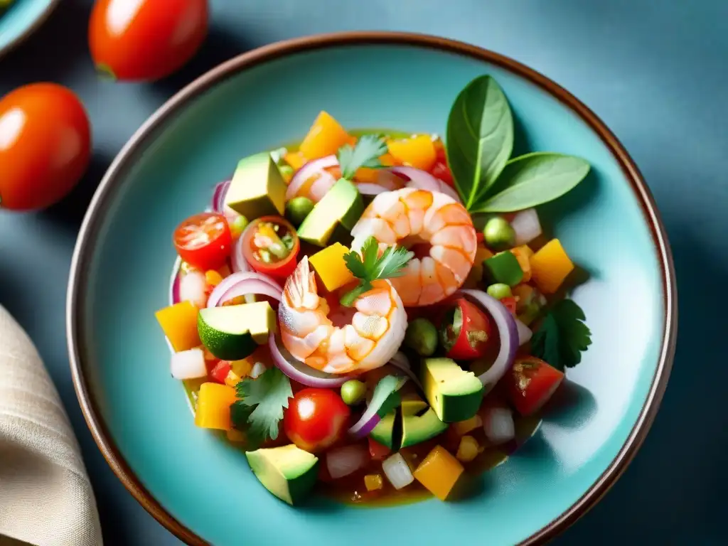 Exquisito ceviche con estilismo para ceviches y tiraditos, resaltando frescura y colorido