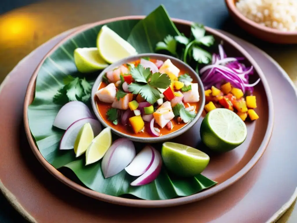 Un exquisito ceviche limeño con ingredientes frescos y coloridos en un mercado de Lima