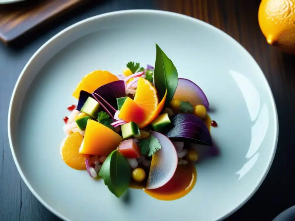 Exquisito ceviche de lujo en Lima, con colores vibrantes y detalles elegantes en plato blanco sobre mesa de madera oscura