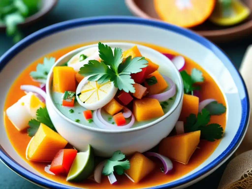 Exquisito ceviche peruano en bol de cerámica, representando la cocina costeña de Piura y Tumbes