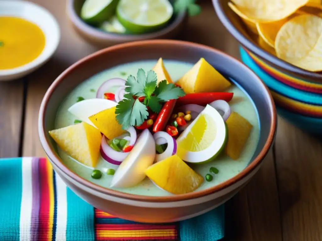 Exquisito ceviche peruano en bol de cerámica, servido con chips de plátano