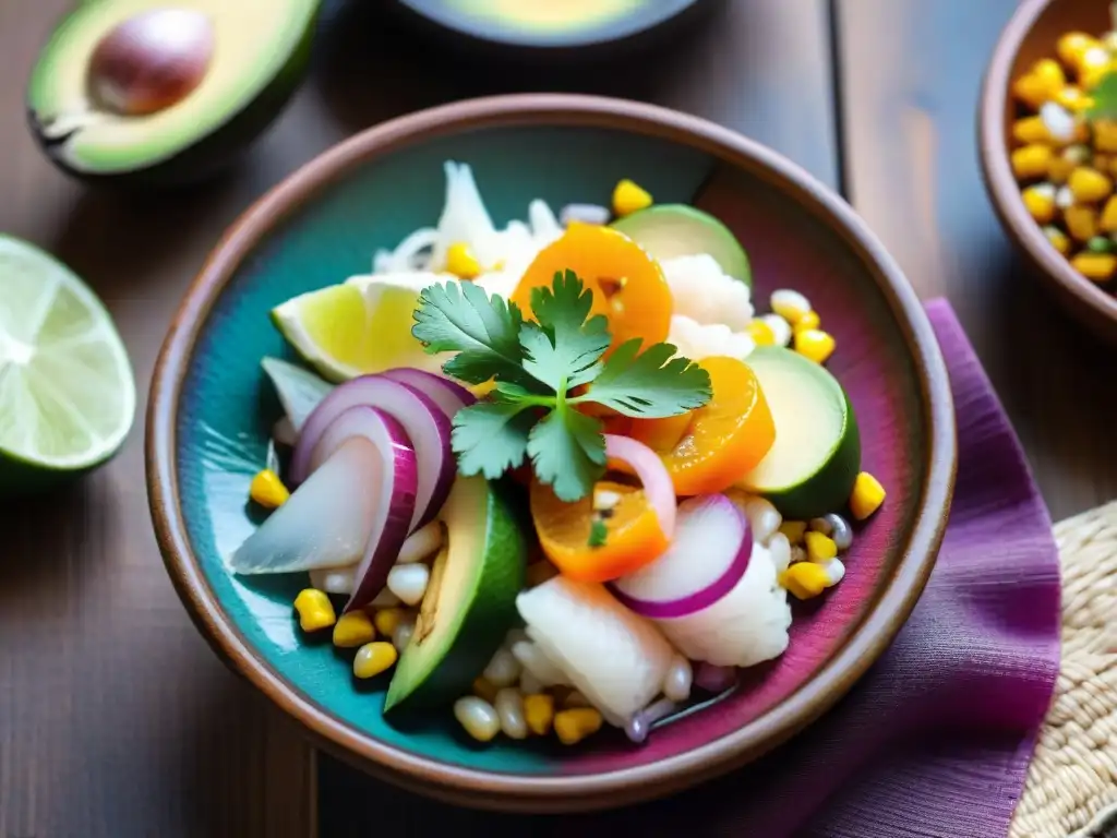 Un exquisito ceviche peruano en una colorida presentación