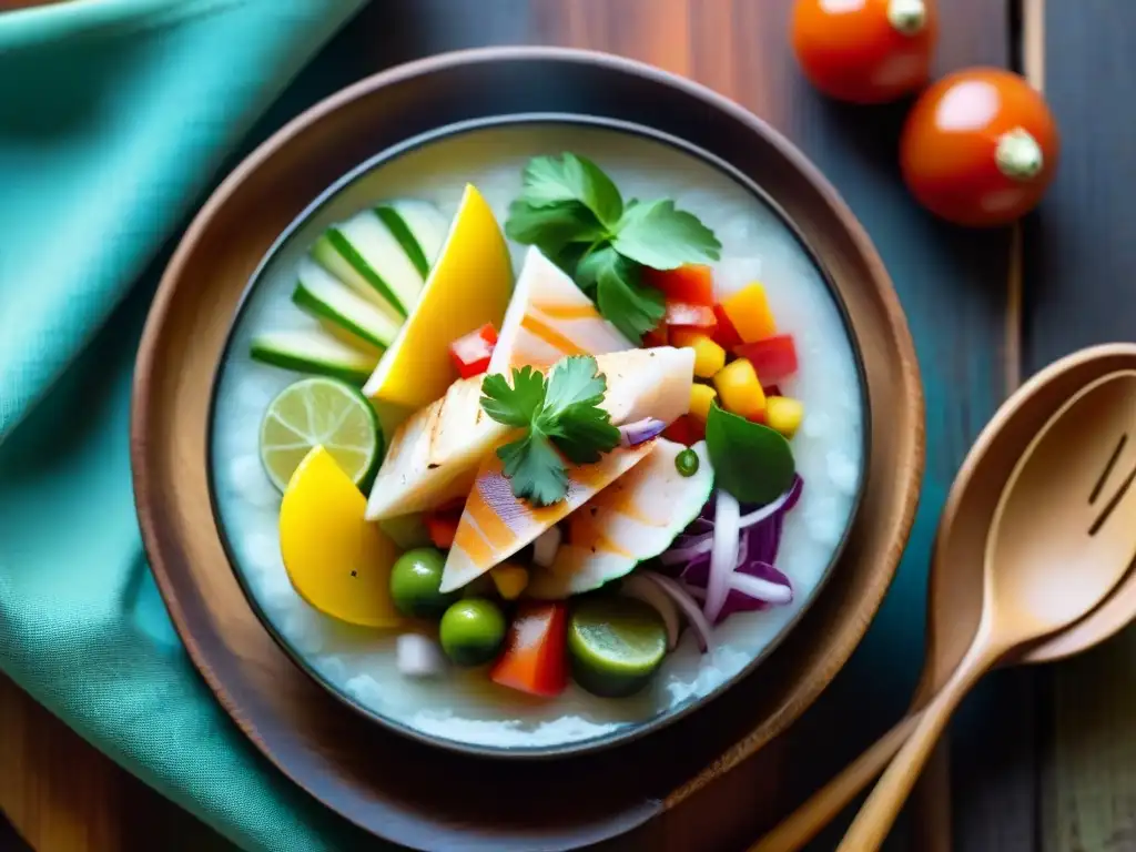 Fotografía de un exquisito ceviche peruano ricamente decorado en un tazón de cerámica tradicional sobre una mesa de madera rústica