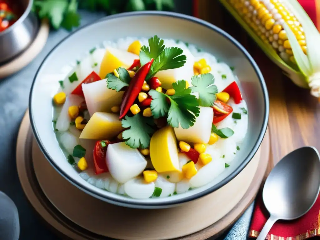 Un exquisito ceviche peruano en un elegante plato de vidrio, decorado con cilantro fresco, chiles rojos y maíz peruano, sobre una tela tradicional