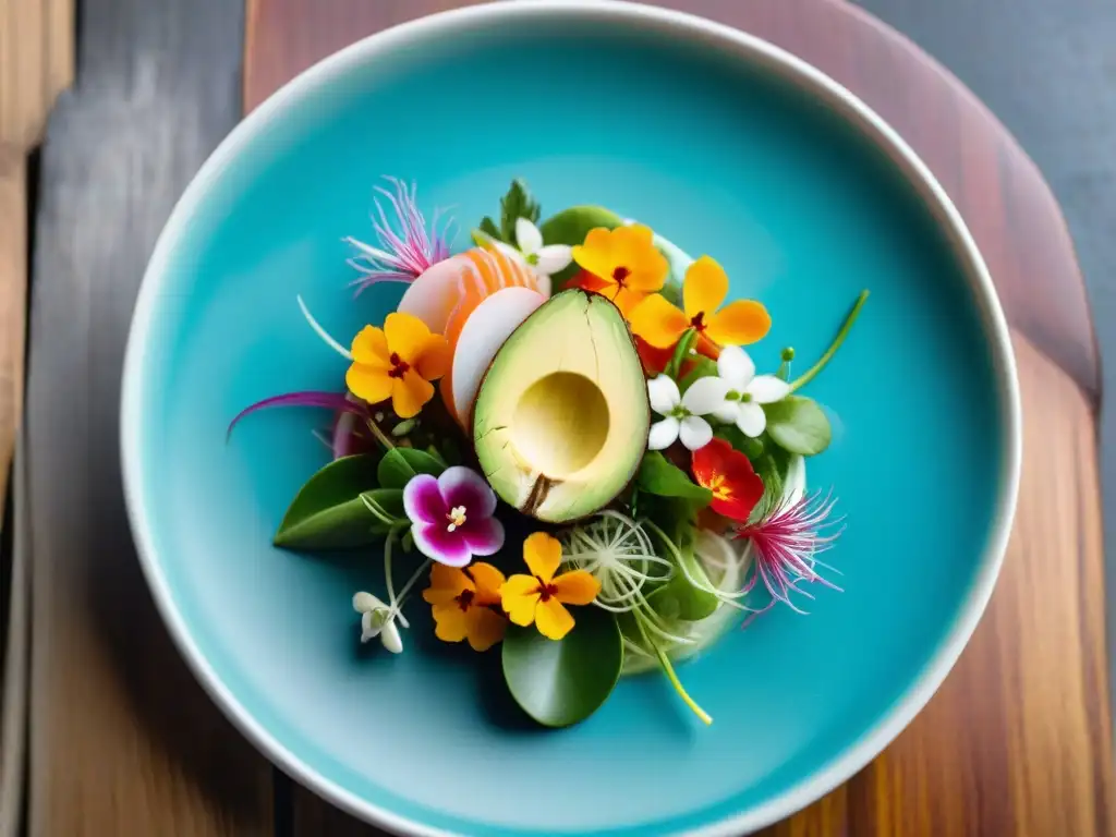 Un exquisito ceviche peruano con flores comestibles, aguacate y microgreens en plato cerámico moderno sobre mesa rústica