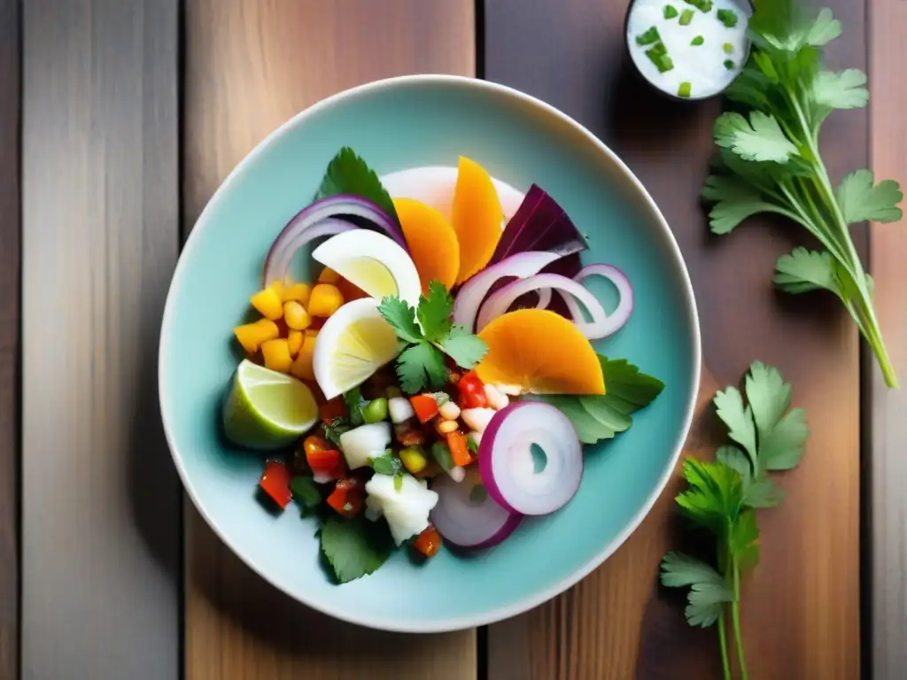 Exquisito ceviche peruano con ingredientes frescos y coloridos, destacando la tradición culinaria Novoandina