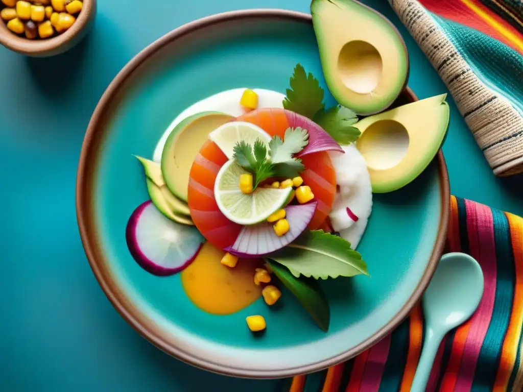 Un exquisito ceviche peruano con ingredientes autóctonos, arte culinario vibrante y colores tradicionales