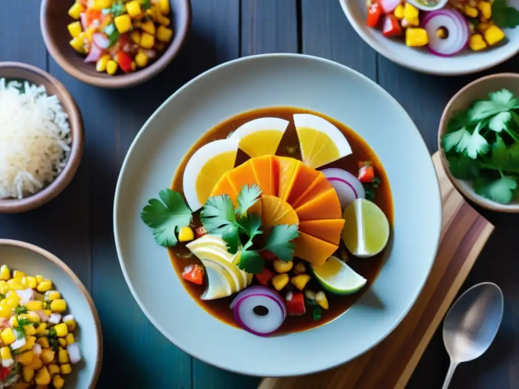 Un exquisito ceviche peruano con ingredientes autóctonos y colorida presentación en mesa rústica