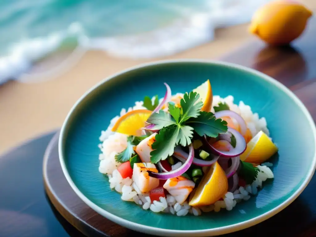 Exquisito ceviche peruano innovador frente al mar, colores y frescura en una presentación de lujo