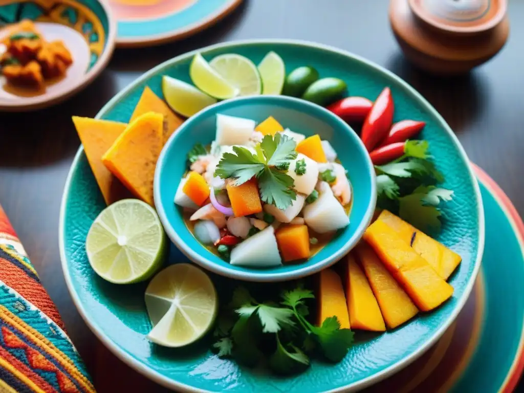 Exquisito ceviche peruano con pescado fresco, limón, ají, cilantro y camote