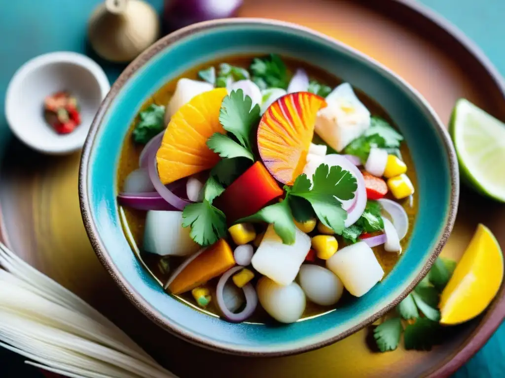 Exquisito ceviche peruano en plato tradicional, resaltando colores y frescura