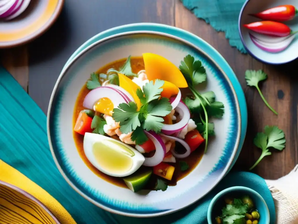 Exquisito ceviche peruano en plato de cerámica, con ingredientes frescos y coloridos