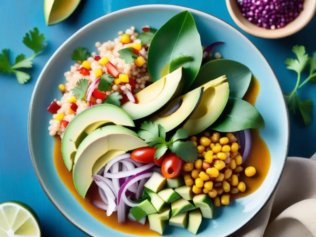 Un exquisito ceviche peruano mar montaña plato, fusionando ingredientes del mar y la tierra en una presentación colorida y sabrosa