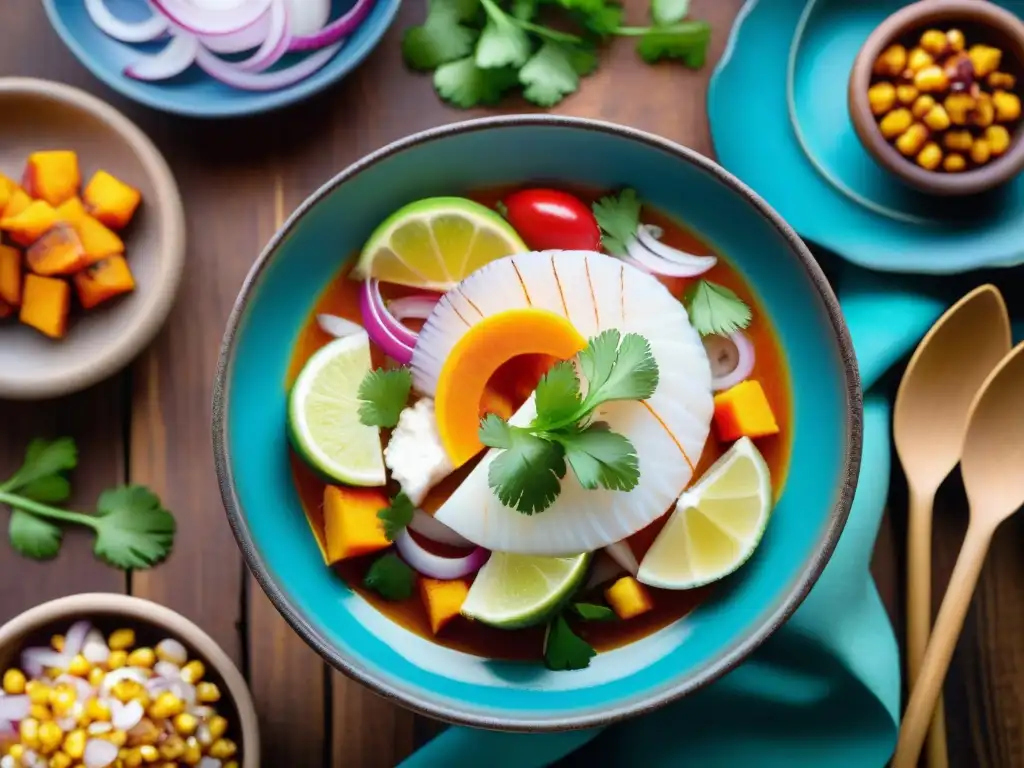 Exquisito ceviche peruano en plato de cerámica vibrante, con pescado blanco, cebolla roja, cilantro, y ajíes peruanos, acompañado de maíz y camote