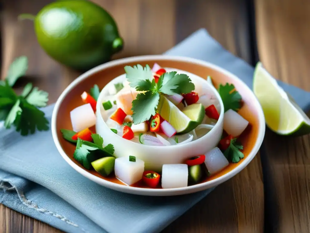 Un exquisito ceviche peruano presentado con elegancia sobre una mesa rústica, resaltando frescura y sabores