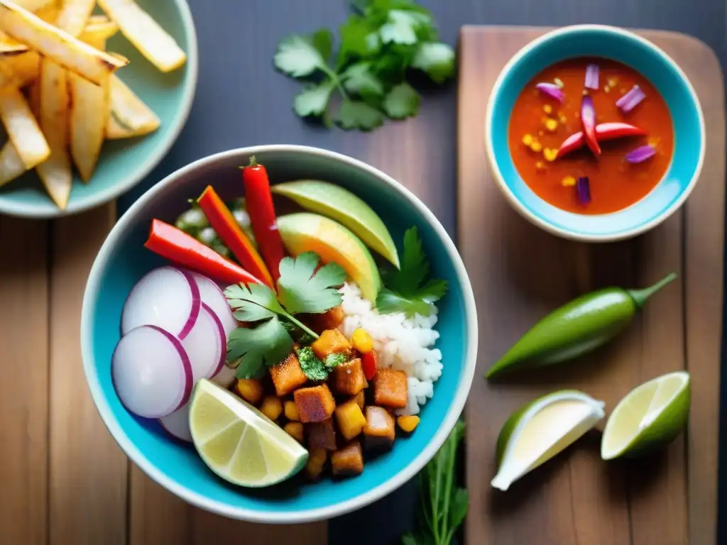 Exquisito ceviche peruano en tazón vibrante sobre mesa de madera rústica, acompañado de yuca frita