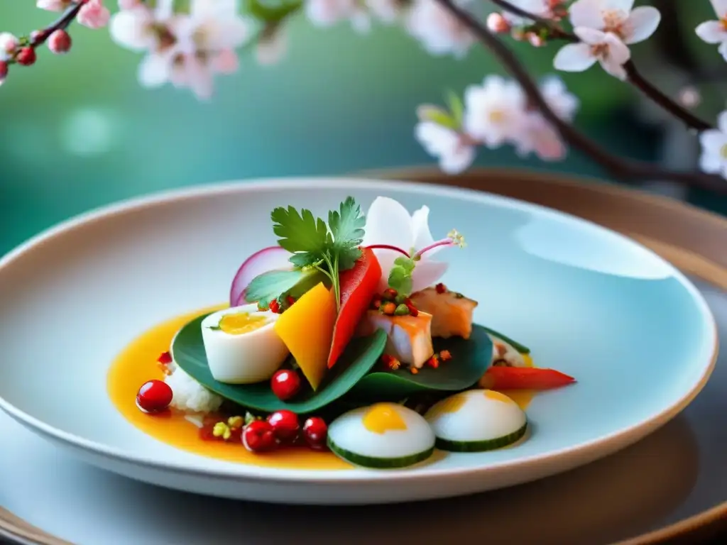 Exquisito ceviche peruano con toque japonés en plato moderno, fusionando gastronomía japonesa y peruana bajo cerezos en flor