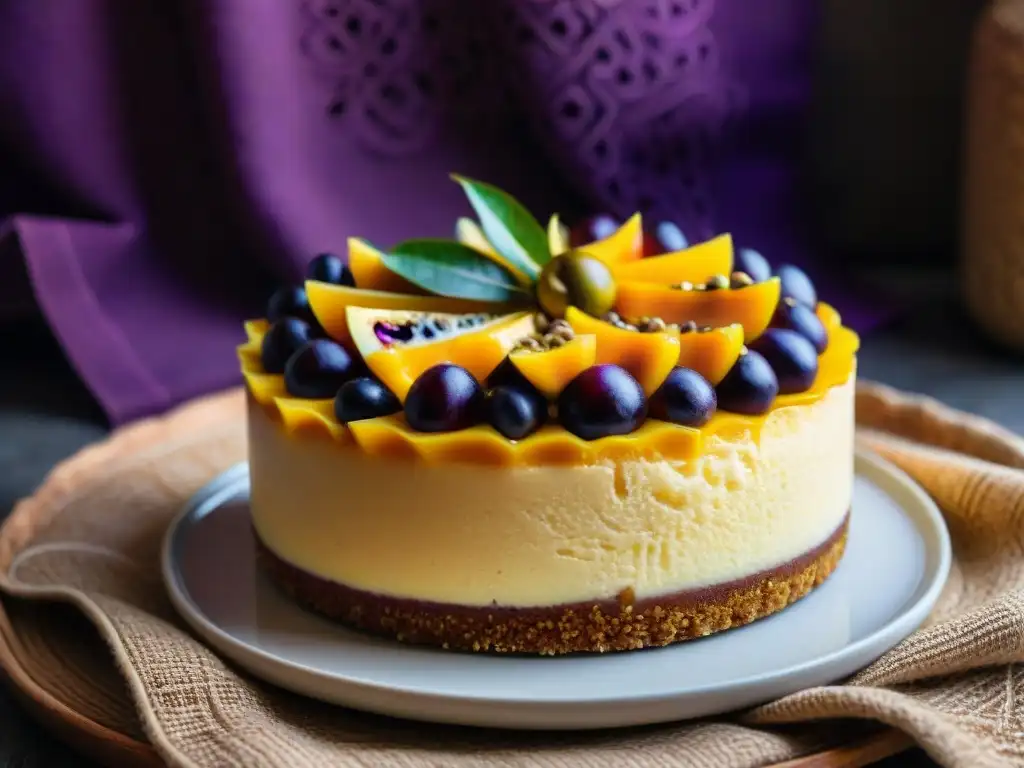 Un exquisito cheesecake morado de maracuyá sobre textil peruano tradicional