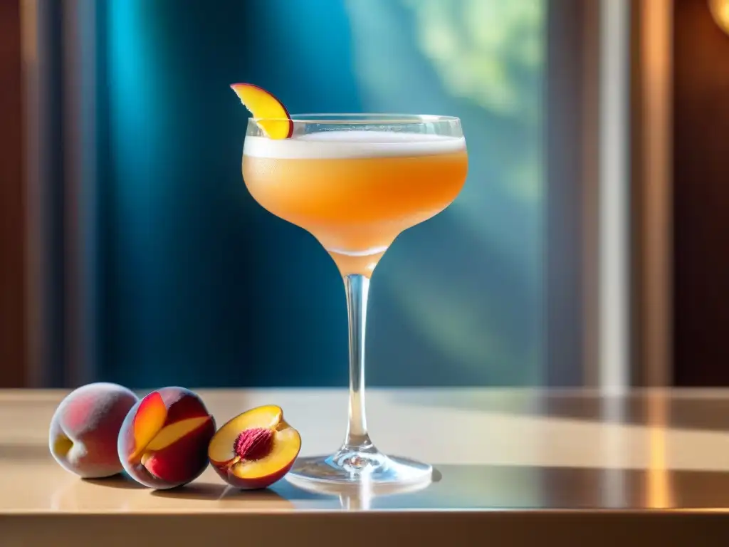 Un exquisito coctel con Pisco Bellini Elegante y durazno, en un elegante bar