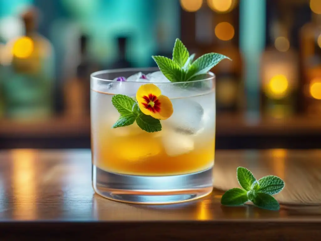 Exquisito cóctel de pisco con flores comestibles y menta en vaso cristalino sobre barra de madera rústica