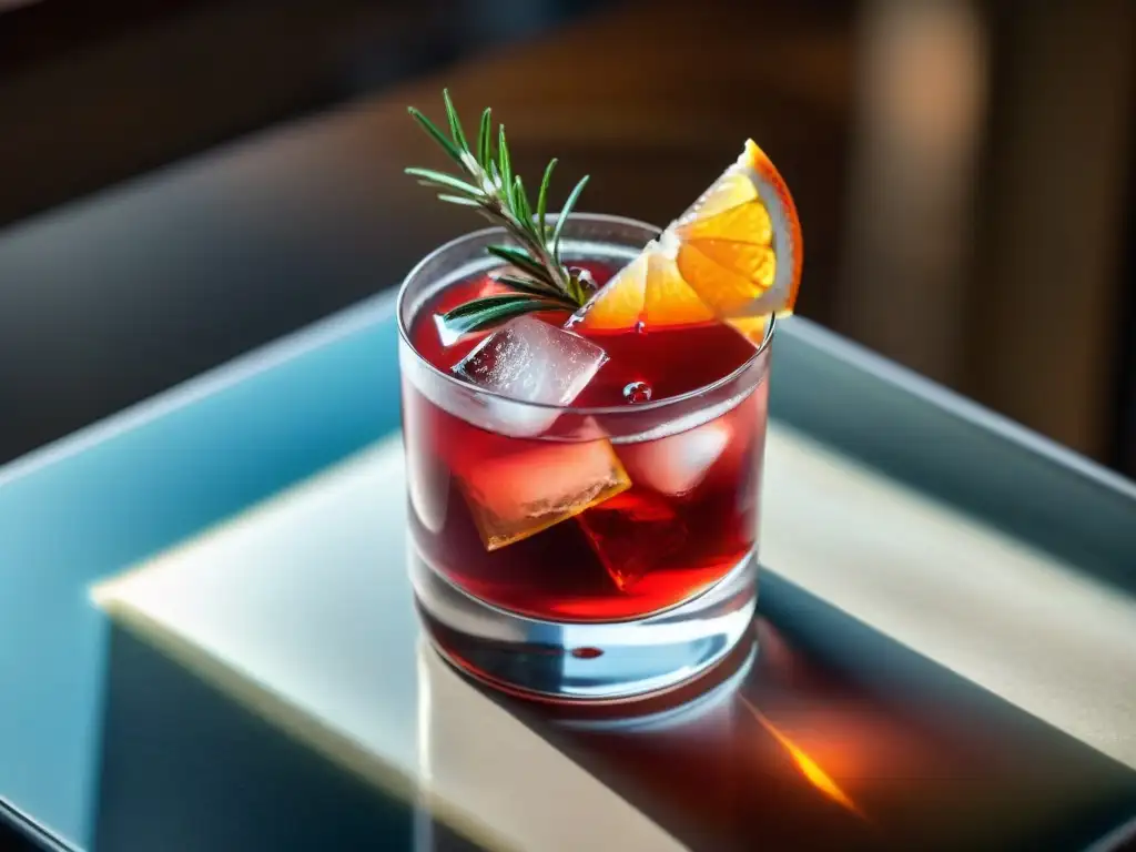 Un exquisito cóctel rojo en vaso de cristal, decorado con naranja sanguina y romero fresco