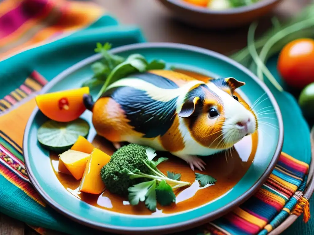 Exquisito Cuy al Horno en plato colorido sobre telas andinas