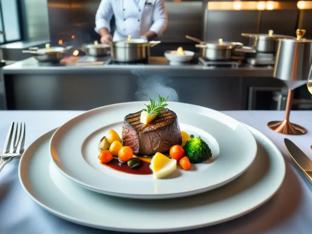 Exquisito emplatado en gastronomía: filete jugoso, verduras y puré, en un elegante plato blanco en cocina profesional