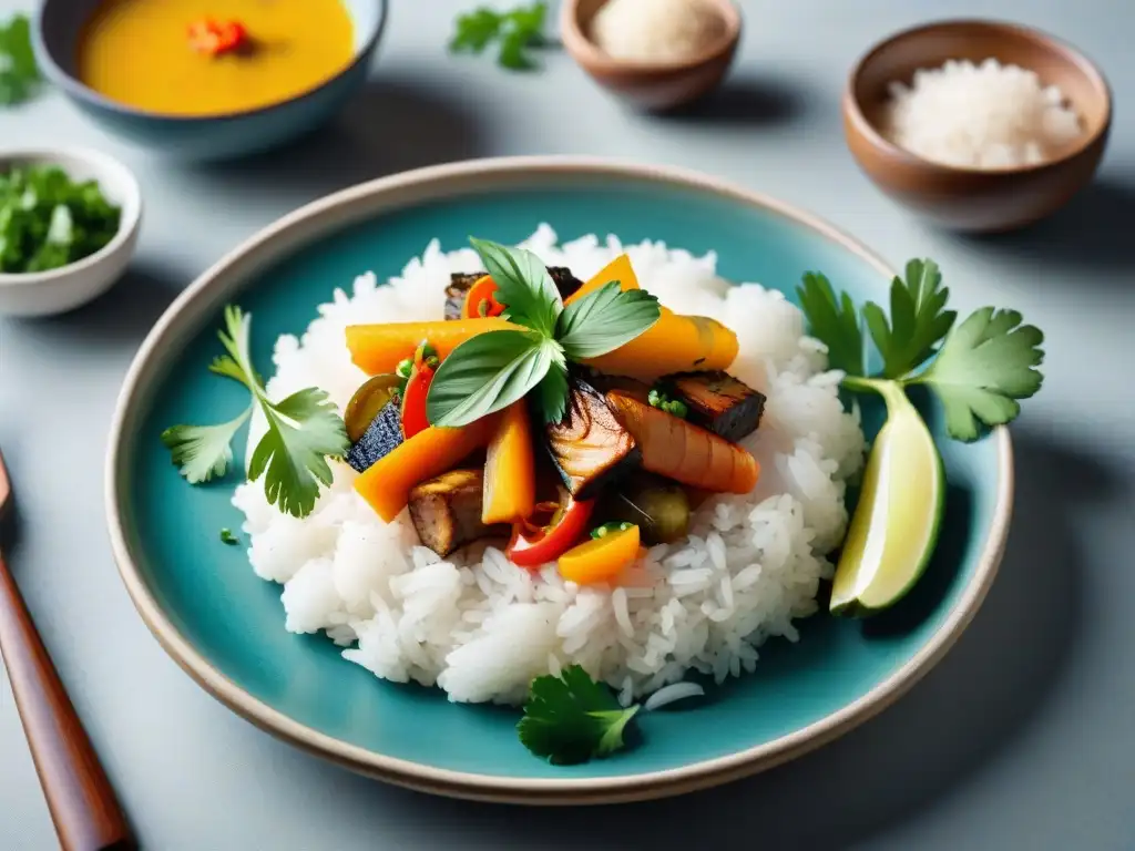 Un exquisito escabeche peruano con ingredientes autóctonos, presentado con elegancia en un plato de cerámica hecho a mano