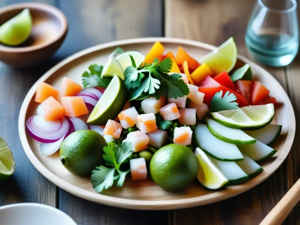 Un exquisito estilismo para ceviches y tiraditos en una mesa rústica, resaltando frescura y arte culinario