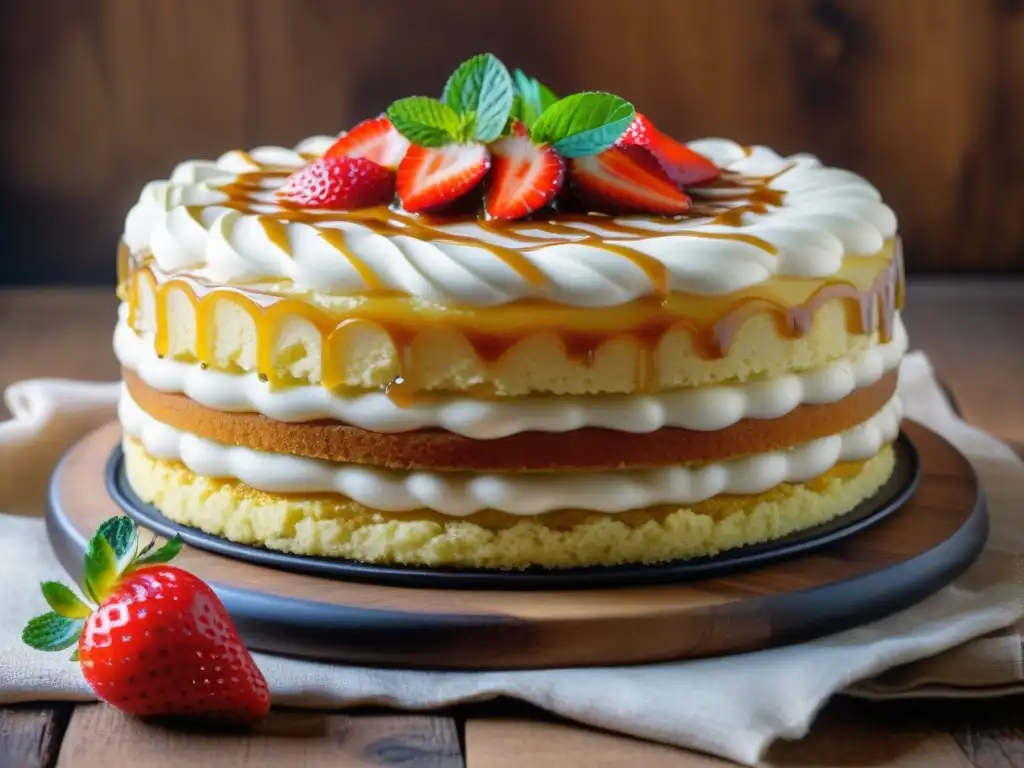 Fotografía de un exquisito tres leches peruano con fresas y salsa de caramelo, sobre mesa rústica