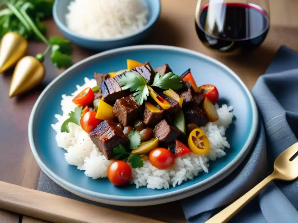 Exquisito maridaje vinos platos peruanos: lomo saltado con Malbec y coloridos textiles de fondo