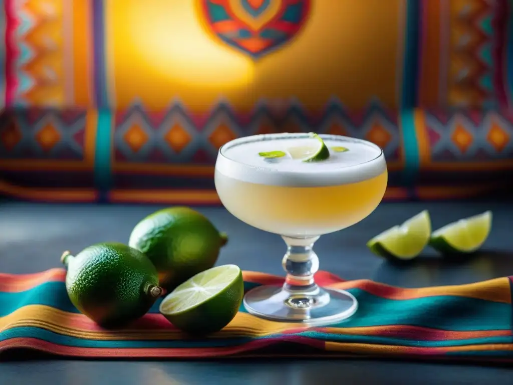 Un exquisito Pisco Sour peruano, decorado con lima y bíter, sobre textiles y cerámica autóctonos