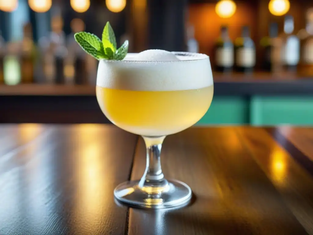 Exquisito pisco sour en vaso de cristal, con limón y menta, sobre barra de madera