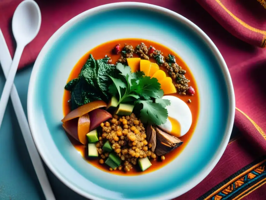 Fotografía de un exquisito plato de fusión peruana en plato de cerámica, con ingredientes vibrantes y presentación detallada