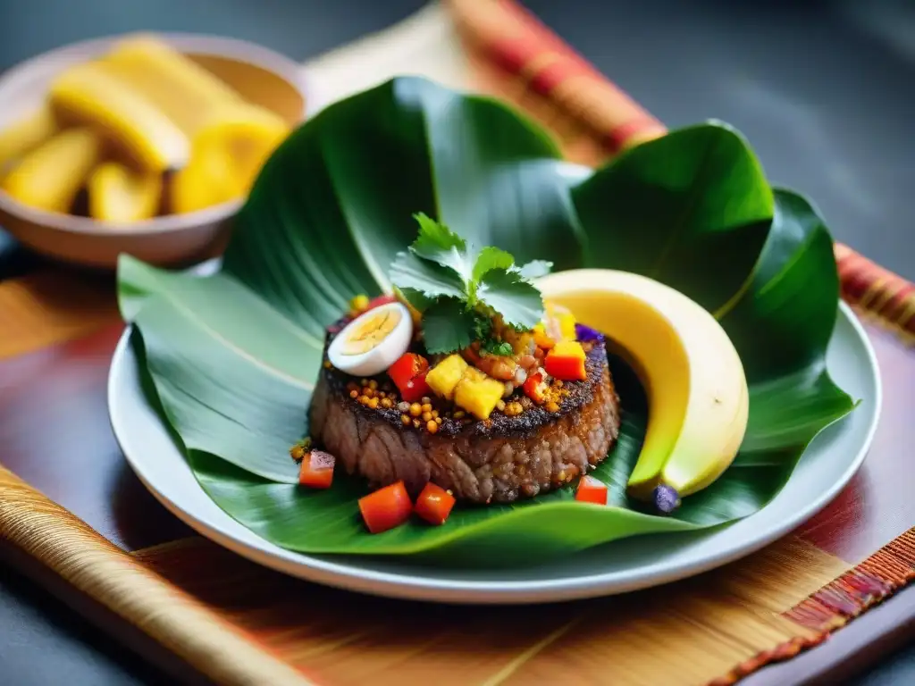 Fotografía de un exquisito plato de fusión peruana, colorido y detallado, resaltando la riqueza y artesanía culinaria