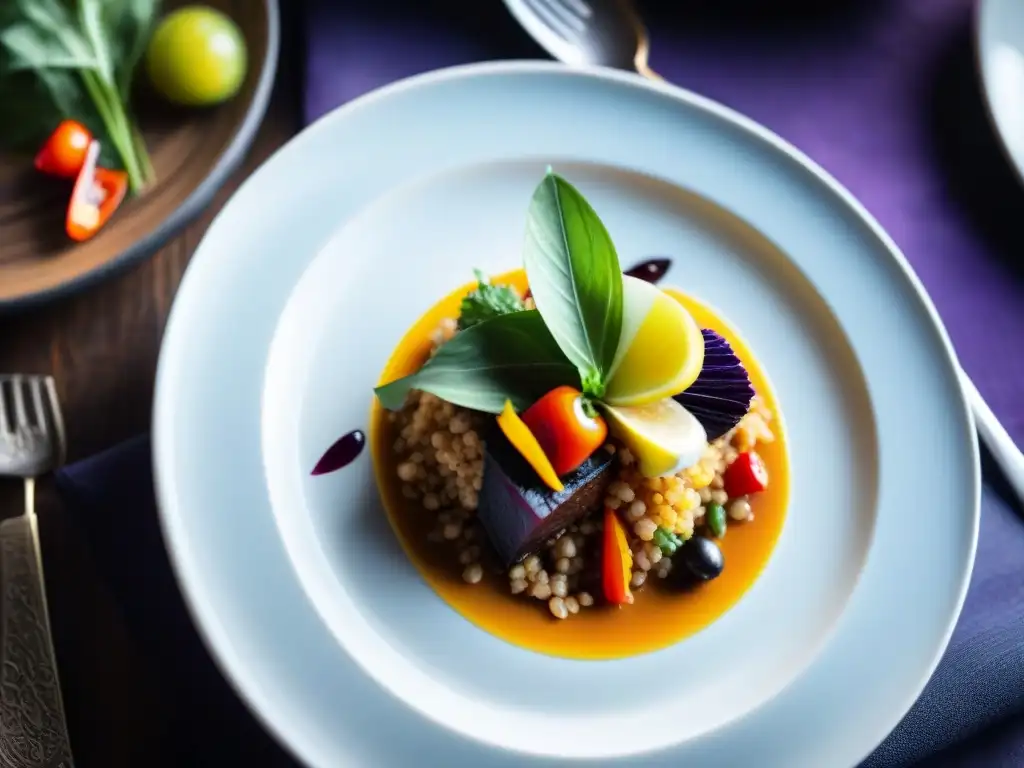 Exquisito plato peruano con texturas y sabores en elegante restaurante