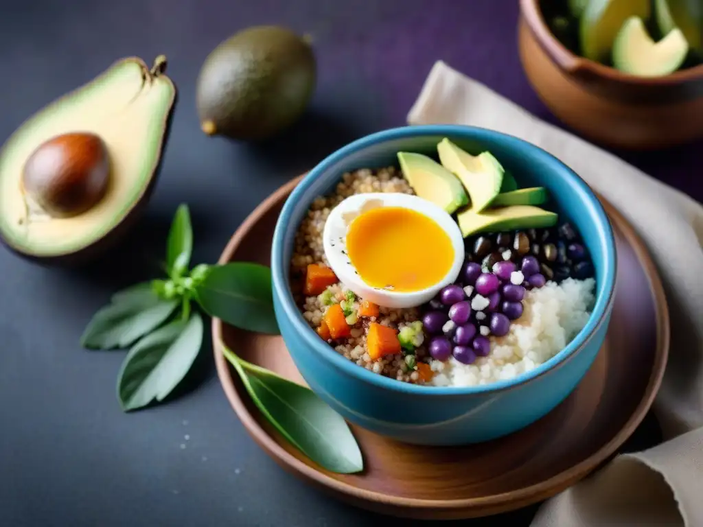 Un exquisito plato de quinua peruana con ingredientes autóctonos, resaltando la rica gastronomía del Perú