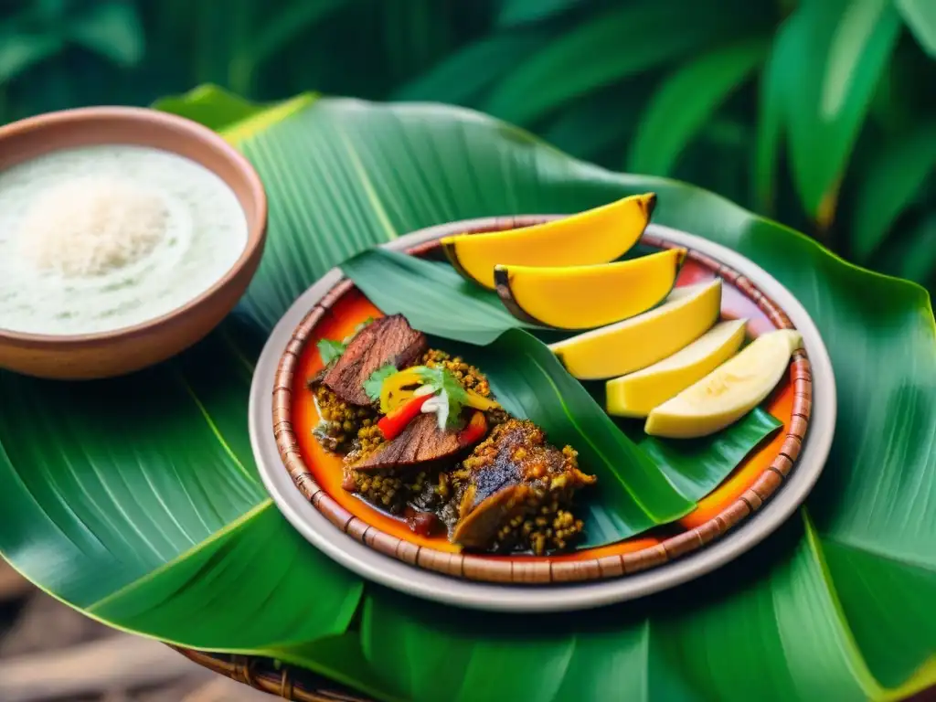 Un exquisito plato tradicional de la gastronomía peruana, servido en hoja de plátano con detallados diseños