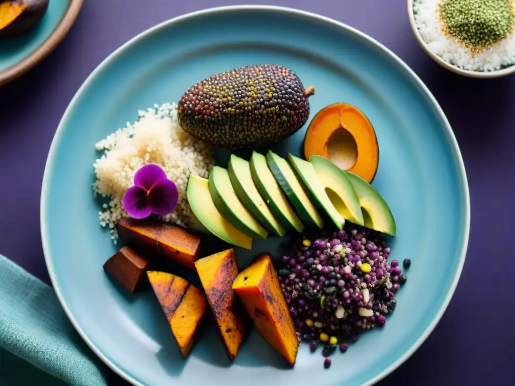 Fotografía de un exquisito plato vegetariano peruano con quinoa, choclo morado y papas dulces, presentado en una artesanal cerámica andina