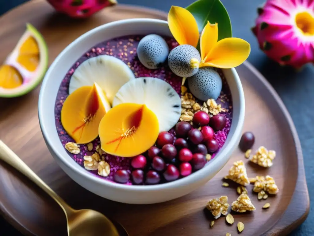 Un exquisito tazón de açai rodeado de superalimentos amazónicos, como semillas de chía, cacao y pétalos de flores comestibles