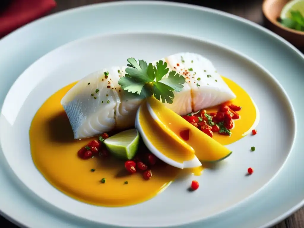 Un exquisito Tiradito peruano sashimi sorprendente con finas rebanadas de pescado blanco, salsas vibrantes y decoraciones coloridas