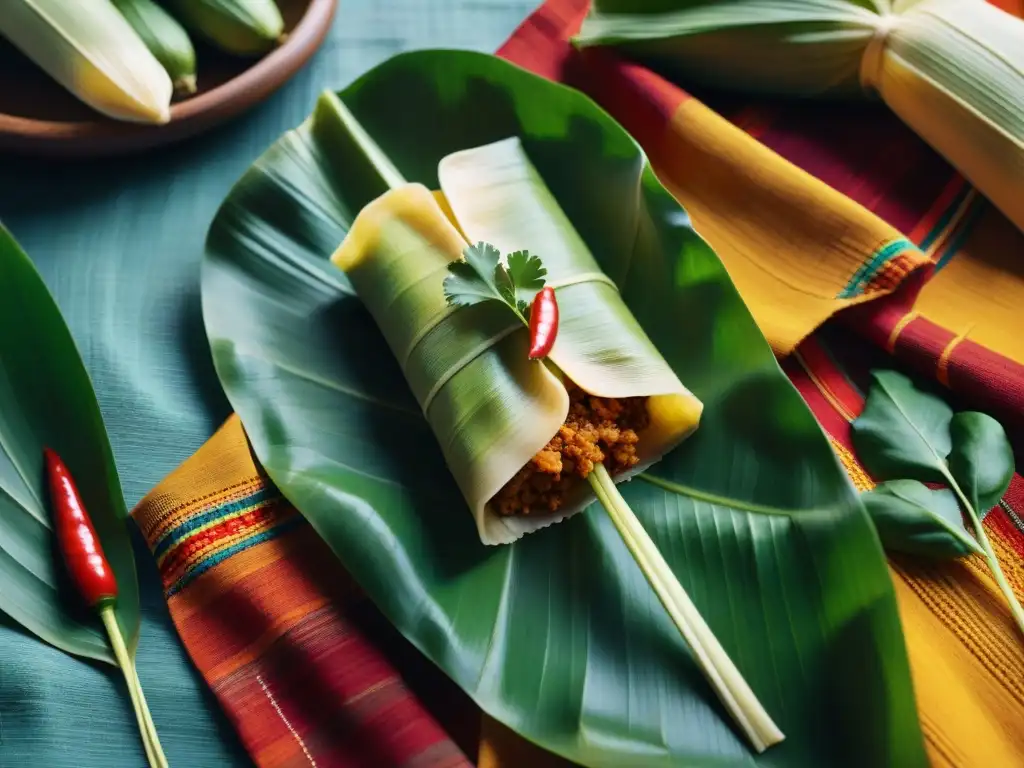 Exquisitos tamales peruanos en hojas de plátano sobre textil artesanal, resaltando los beneficios de los tamales peruanos