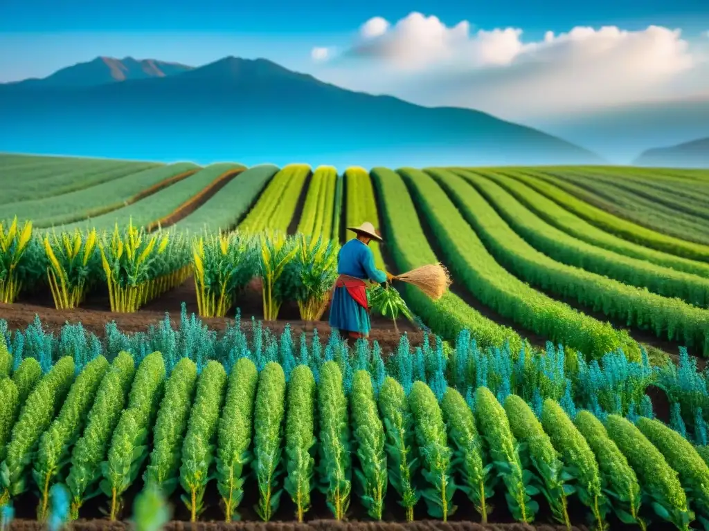 Un extenso campo de quinua bajo un cielo azul, agricultores andinos en un paisaje sostenible